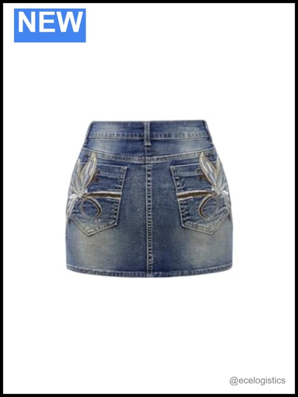Denim Butterfly Mini Skirt Low Rise Stretchy Embroidered